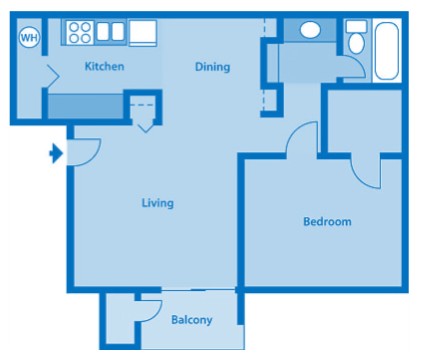 Floor plan for 1 bed, 1 bath, 700 sqft